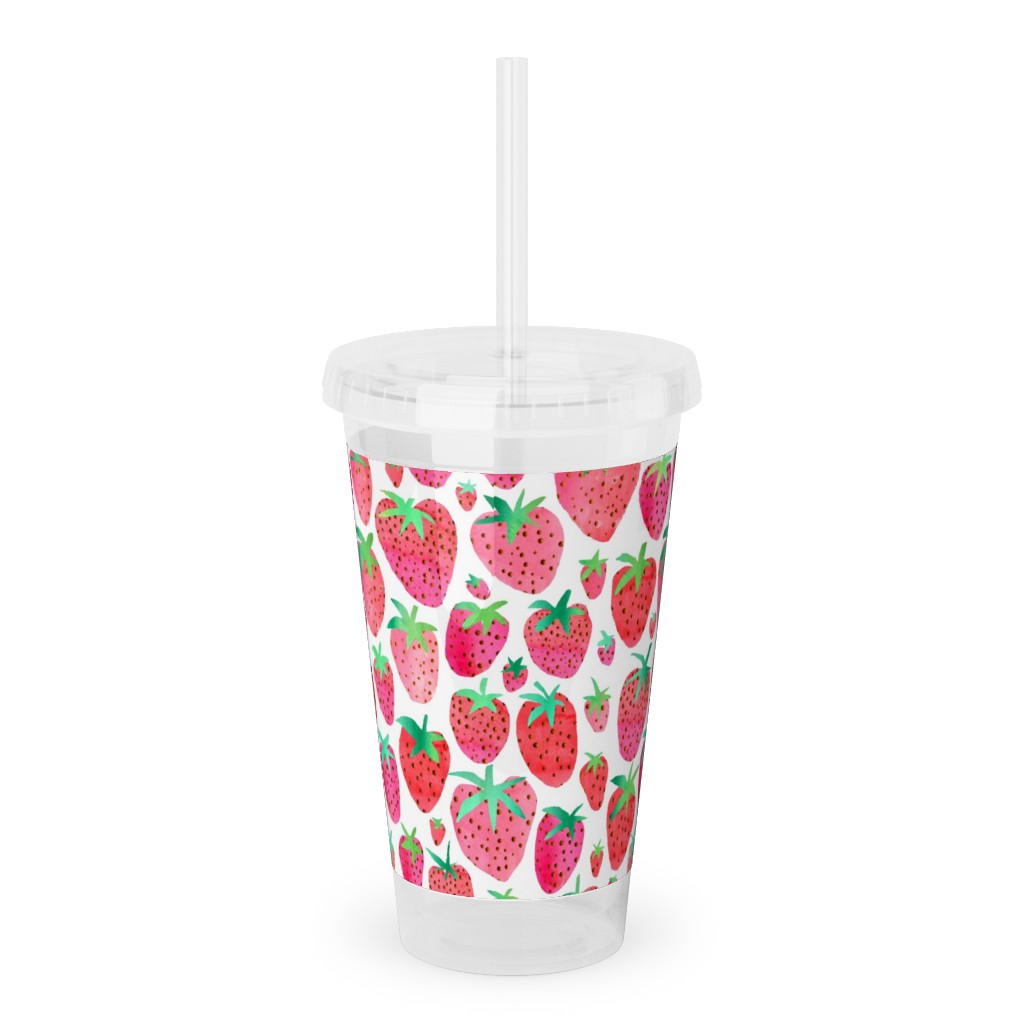 Strawberries - Pink Acrylic Tumbler with Straw, 16oz, Pink
