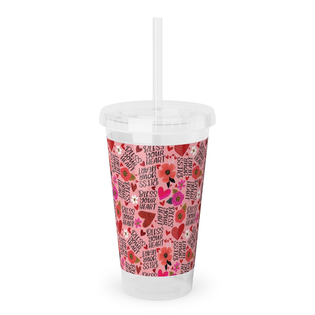 Pretty Bless Your Heart - Floral - Pink and Red Acrylic Tumbler with Straw, 16oz, Pink