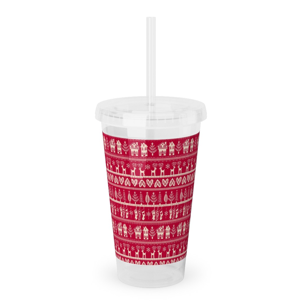 Nordic Vintage Christmas Acrylic Tumbler with Straw, 16oz, Red