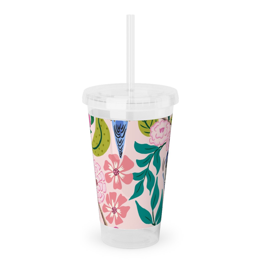 Budgies and Butterflies - Pink and Green Acrylic Tumbler with Straw, 16oz, Pink