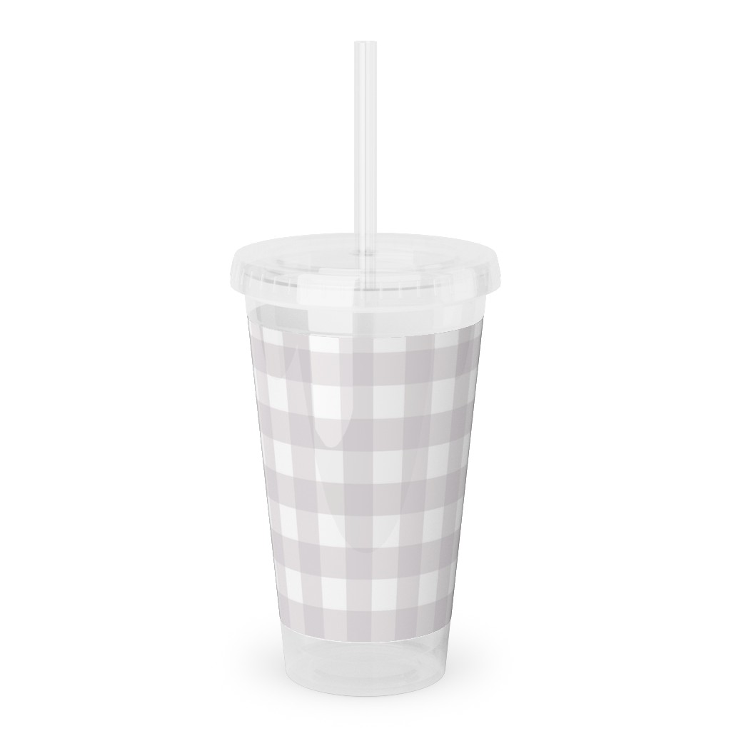 Gingham Check Acrylic Tumbler with Straw, 16oz, Gray
