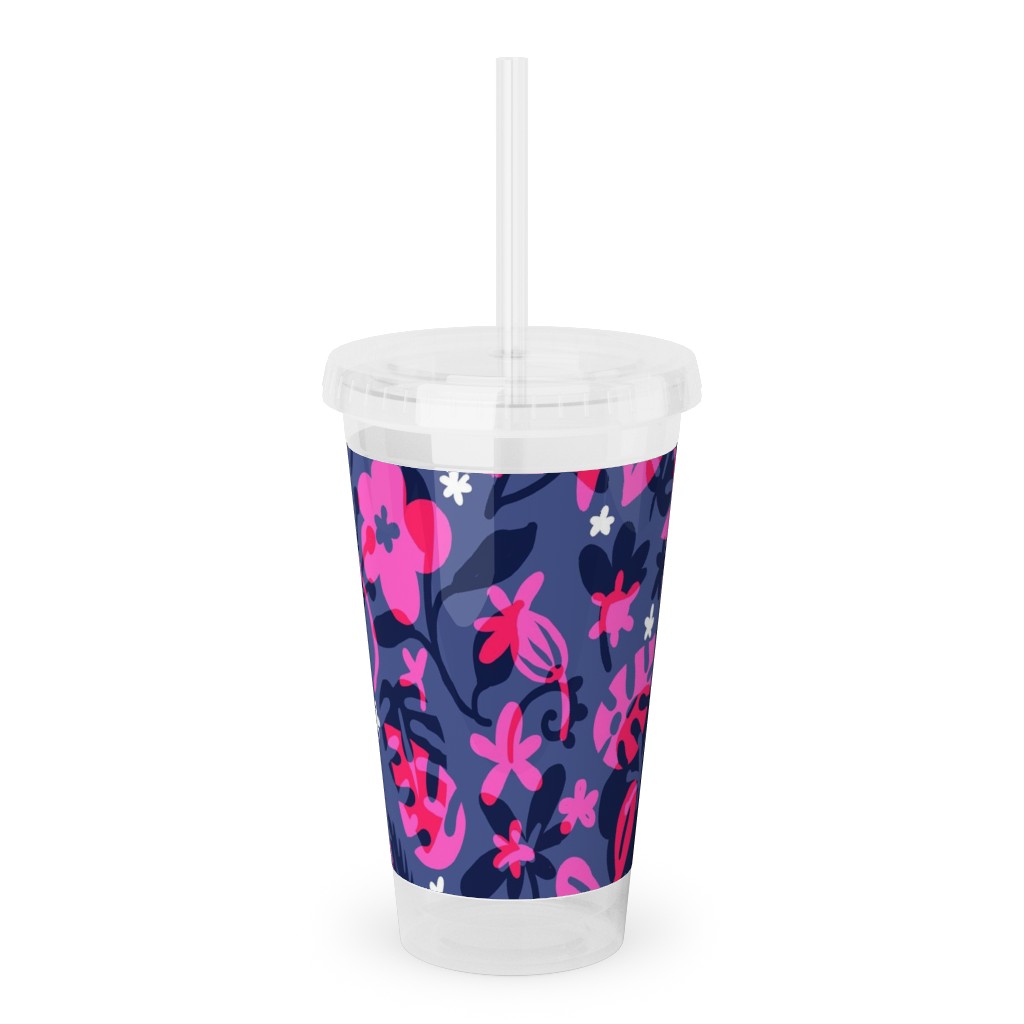 Tropical Floral - Fuchsia Acrylic Tumbler with Straw, 16oz, Pink
