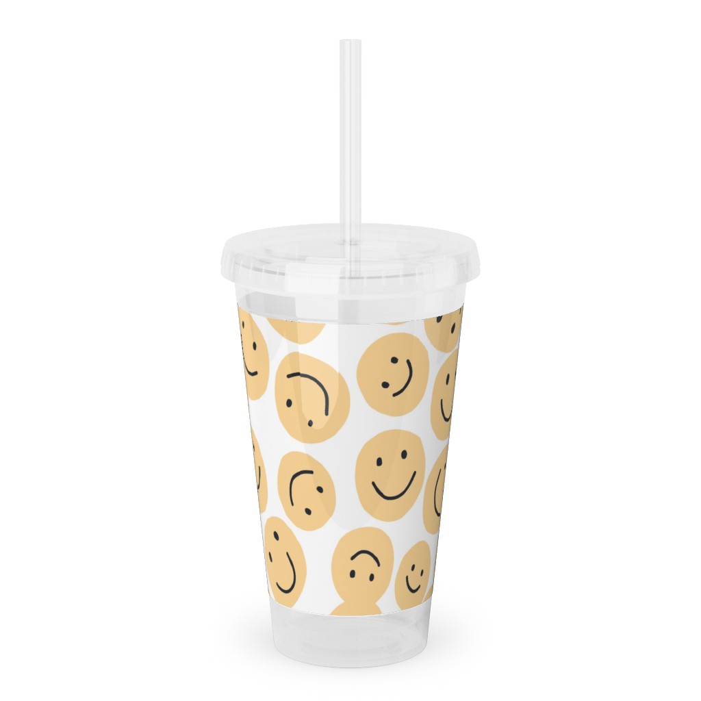 Happy Smiley Faces - Yellow Acrylic Tumbler with Straw, 16oz, Yellow