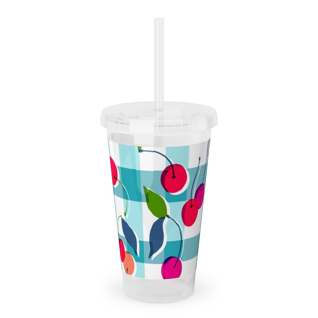 Cherry Gingham - Blue Acrylic Tumbler with Straw, 16oz, Blue