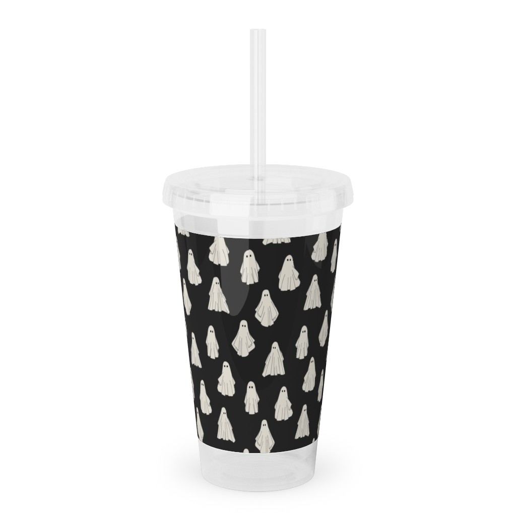 Spooky Halloween Vintage Ghosts - White on Black Acrylic Tumbler with Straw, 16oz, Black