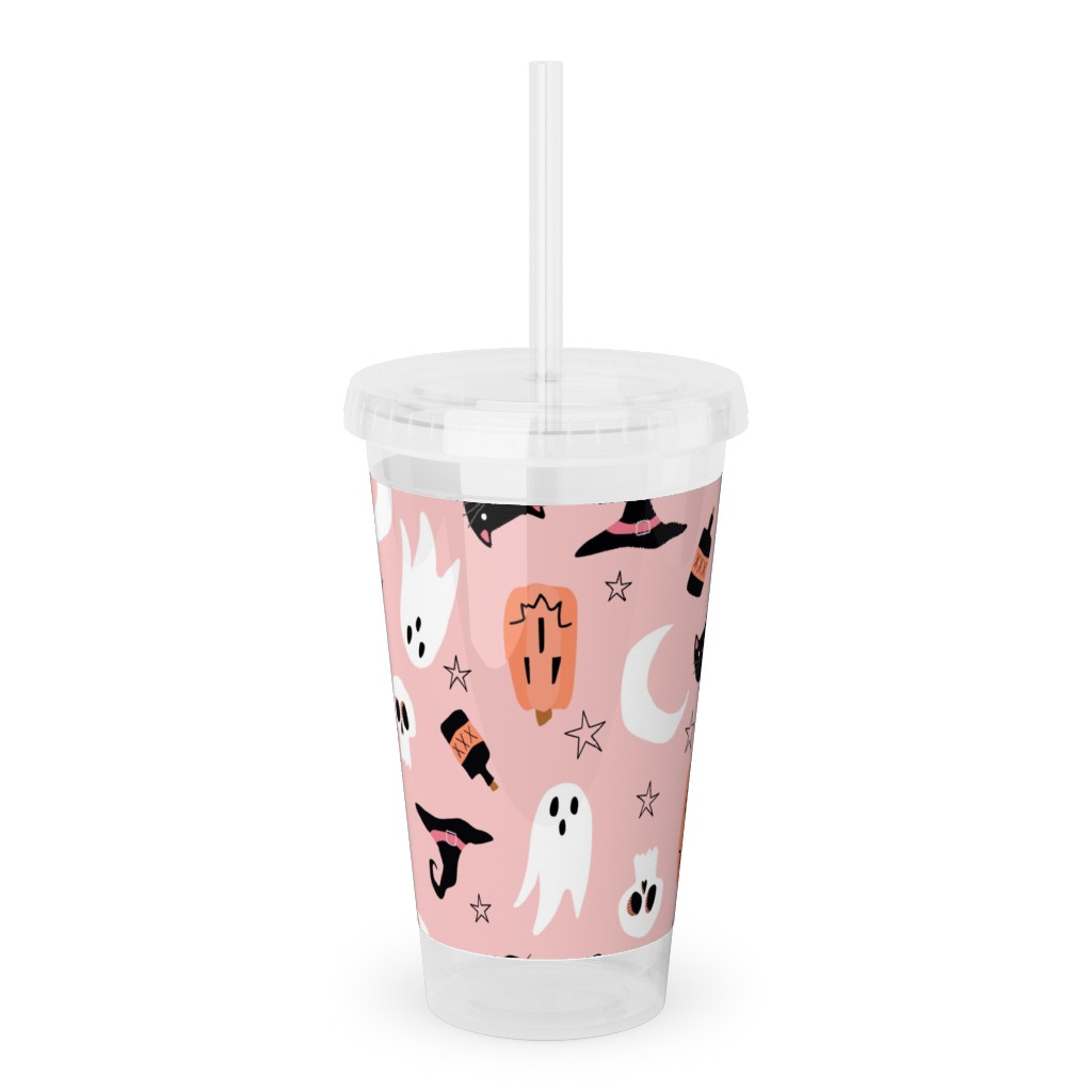 Sweet Halloween Pumpkin, Witch, Ghost, Cat Acrylic Tumbler with Straw, 16oz, Pink