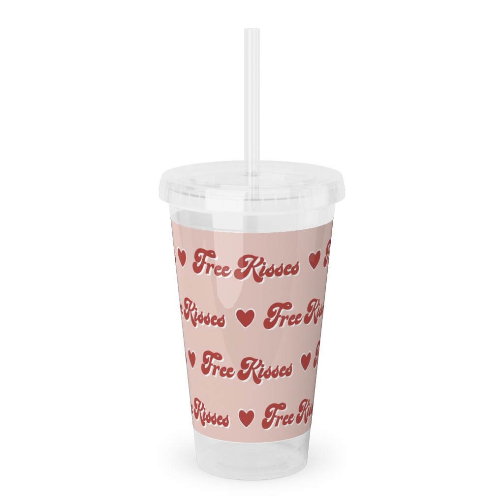 Free Kisses - Retro Hearts - Red on Pink Acrylic Tumbler with Straw, 16oz, Pink
