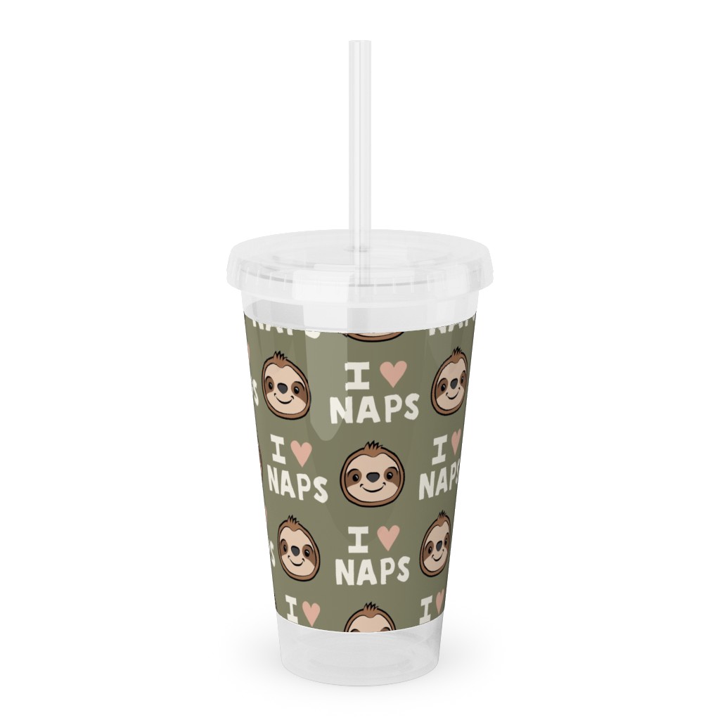 I Heart Naps - Cute Sloths - Olive Green Acrylic Tumbler with Straw, 16oz, Green