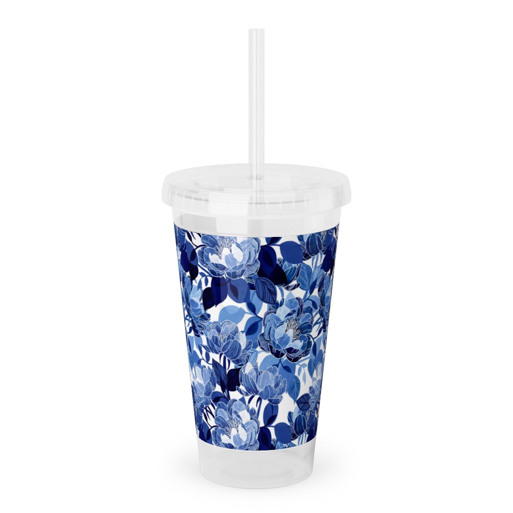 Chintz Peonies - Blue Acrylic Tumbler with Straw, 16oz, Blue