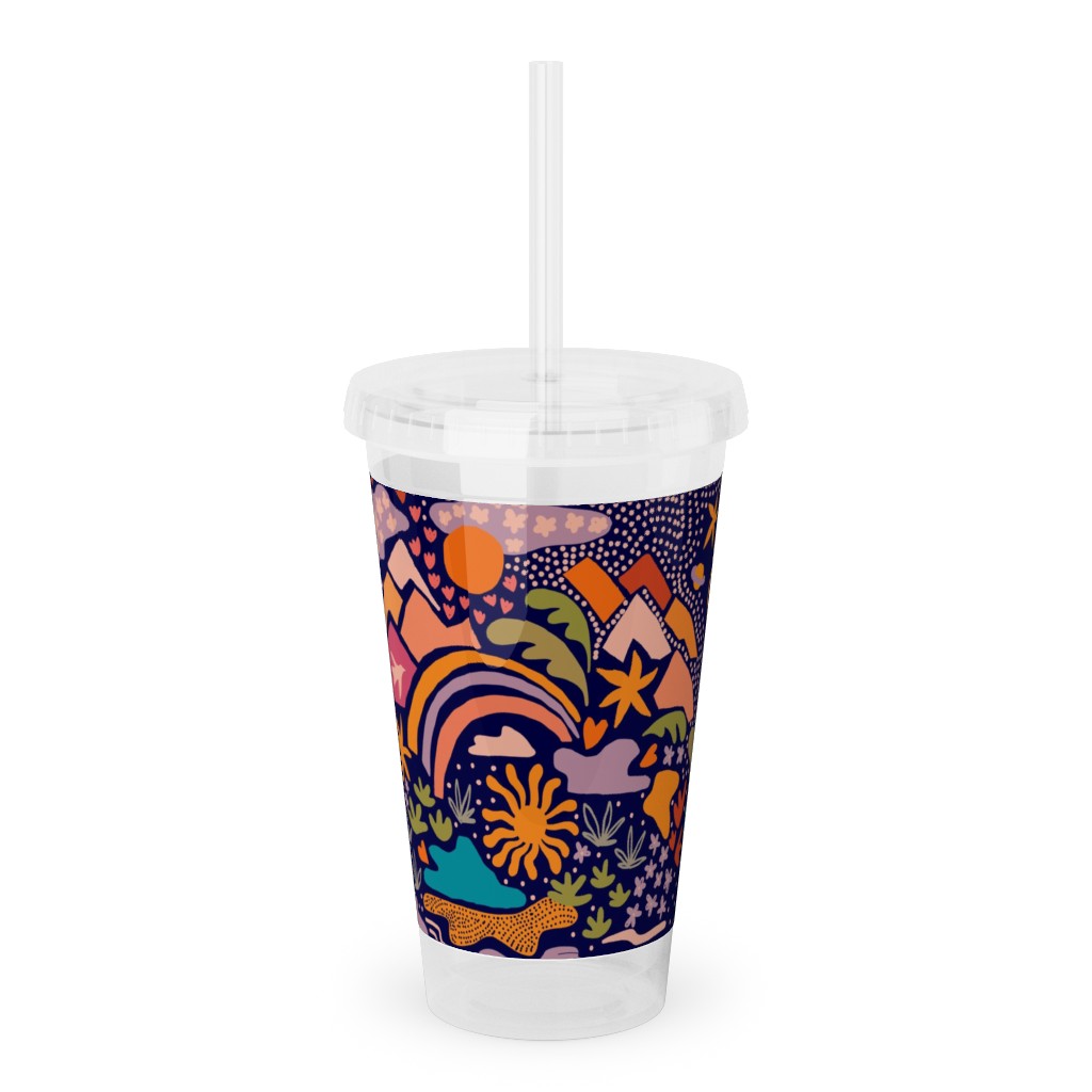 Ditsy Outdoor Adventure - Dark Blue Acrylic Tumbler with Straw, 16oz, Multicolor