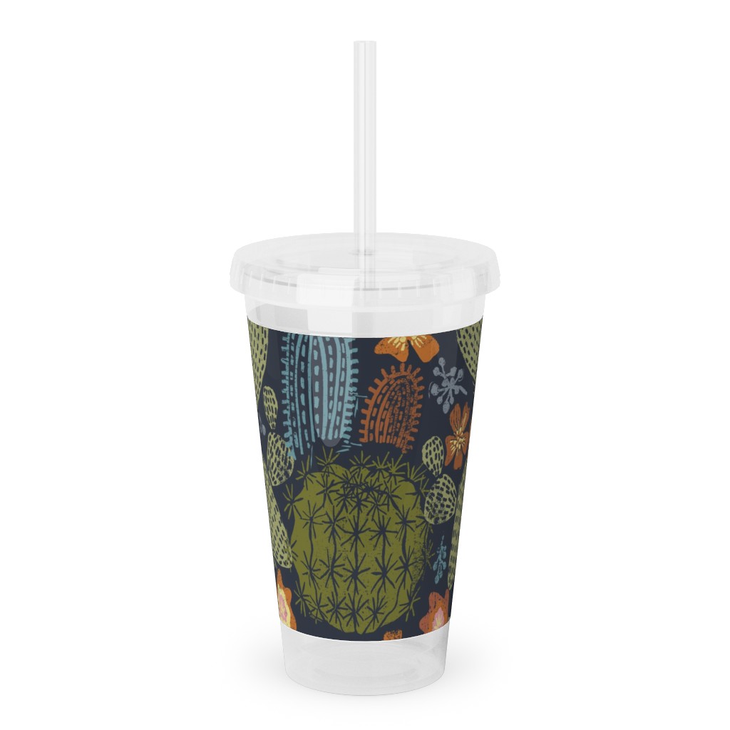 Cactus Garden - Block Print Style - Dark Acrylic Tumbler with Straw, 16oz, Green