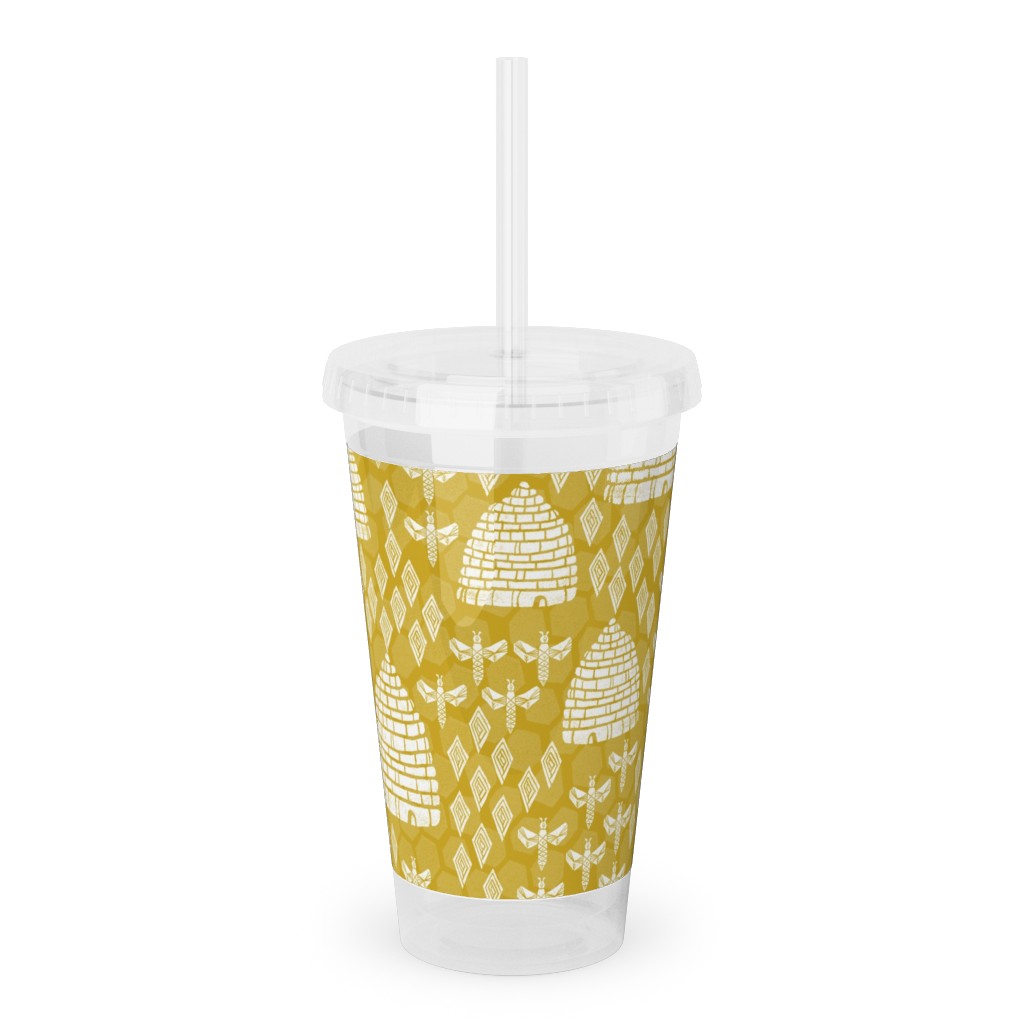 Bee Hives, Spring Florals Linocut Block Printed - Golden Yellow Acrylic Tumbler with Straw, 16oz, Yellow