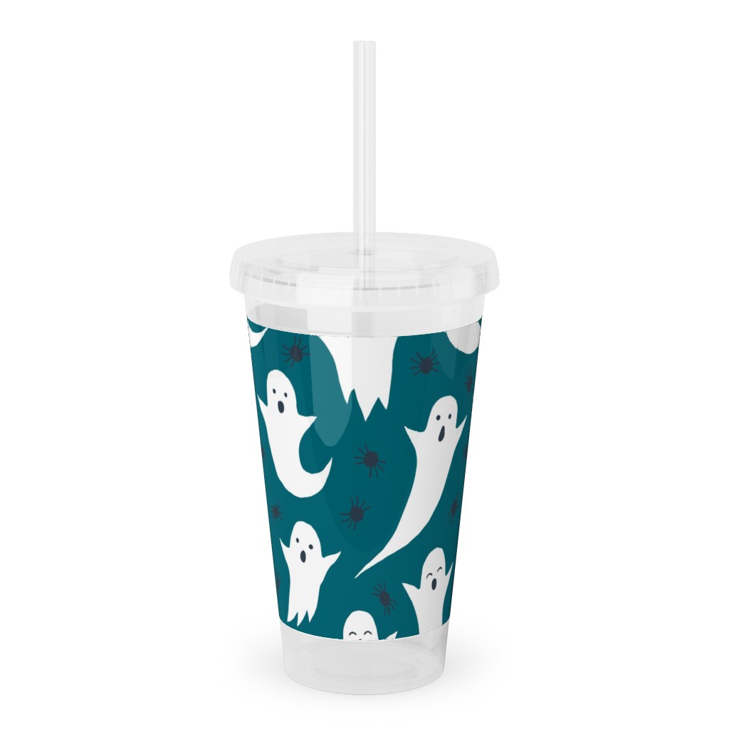 Halloween Ghosts - Dark Teal Acrylic Tumbler with Straw, 16oz, Green