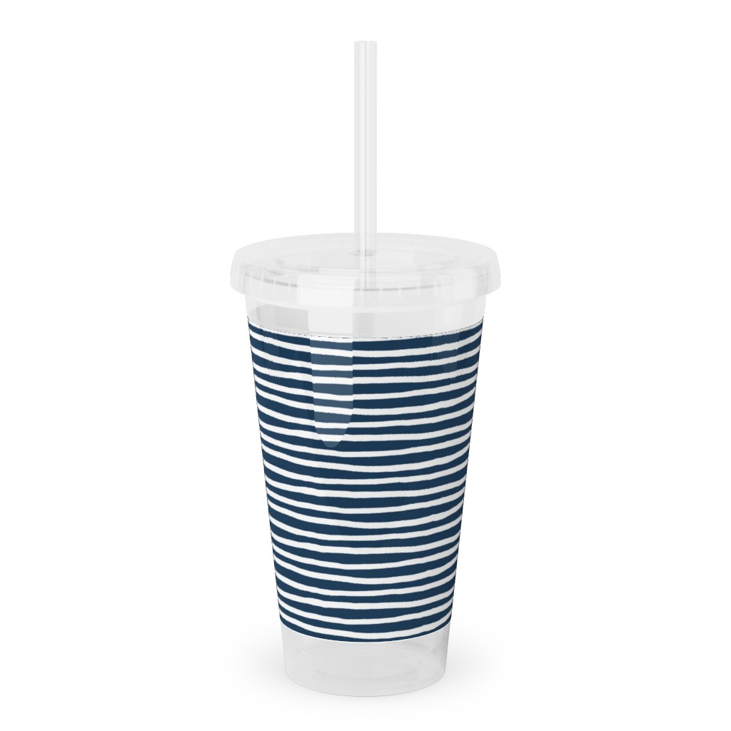 Navy Blue and White Stripes Acrylic Tumbler with Straw, 16oz, Blue
