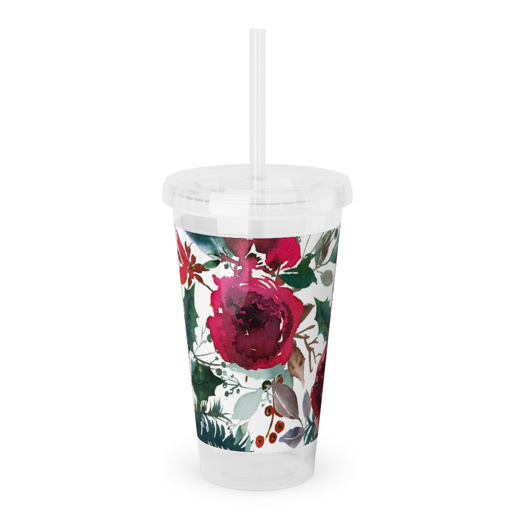 Holiday Florals Red on White Acrylic Tumbler with Straw, 16oz, Multicolor