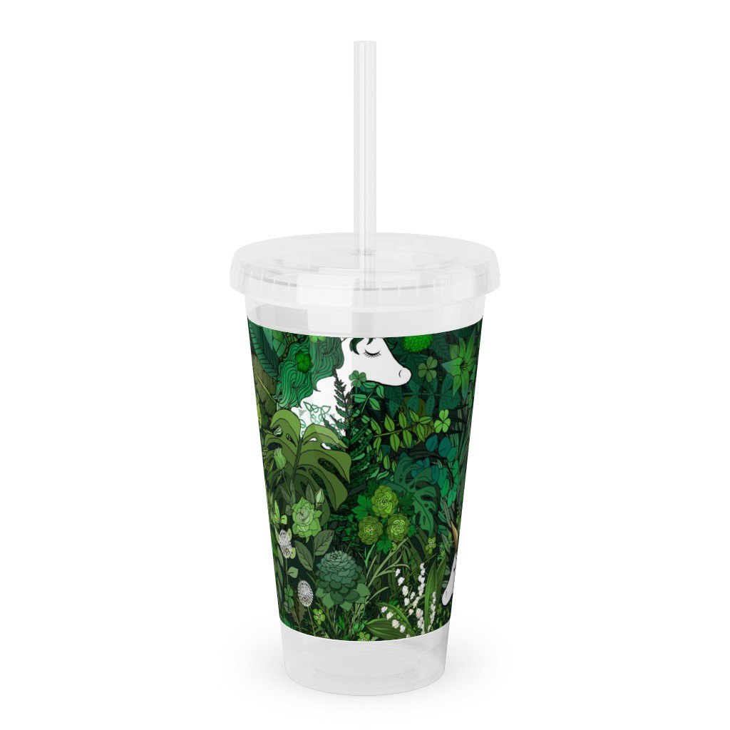 Irish Unicorn in a Green Garden Acrylic Tumbler with Straw, 16oz, Green