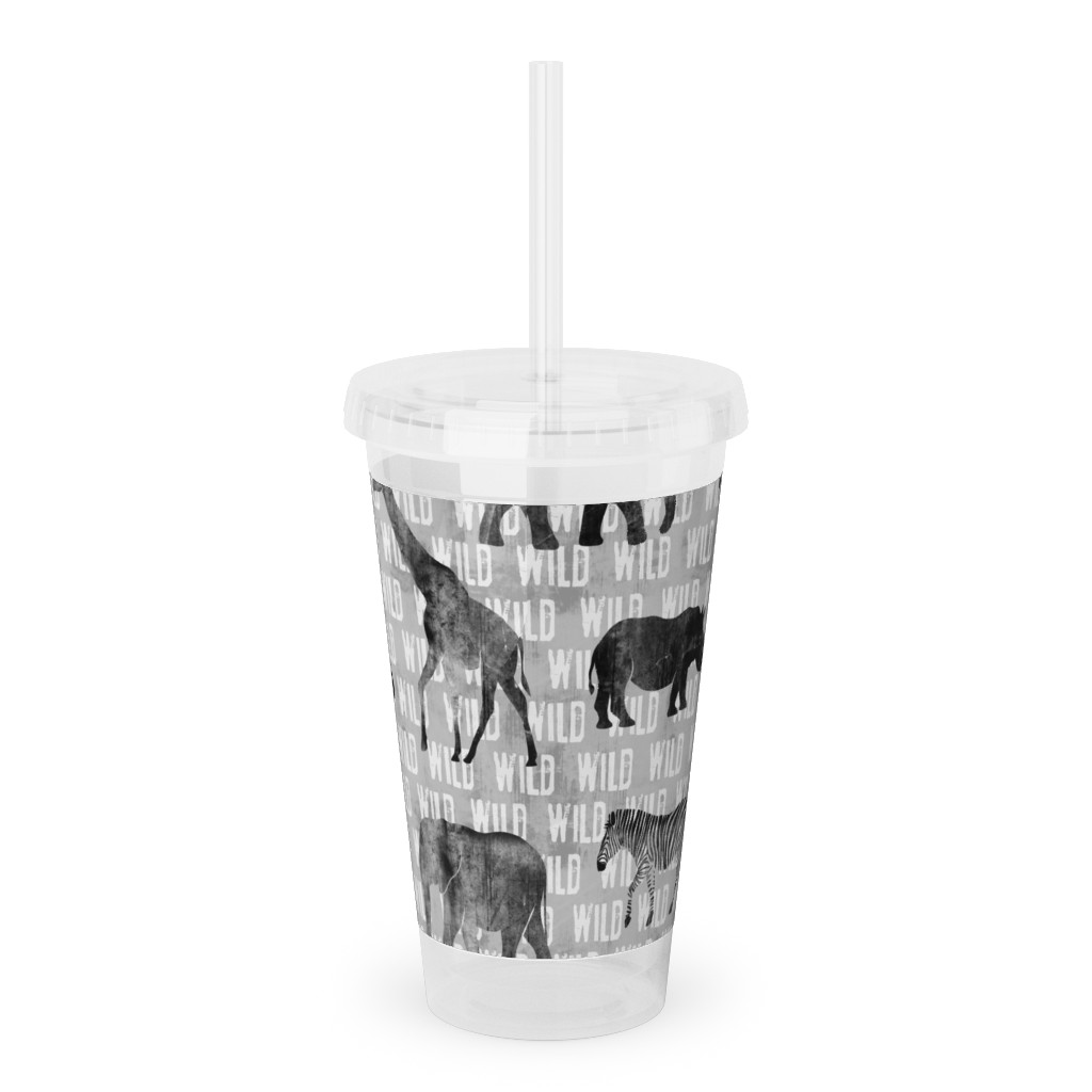 Wild Safari Animals - Grey Acrylic Tumbler with Straw, 16oz, Gray