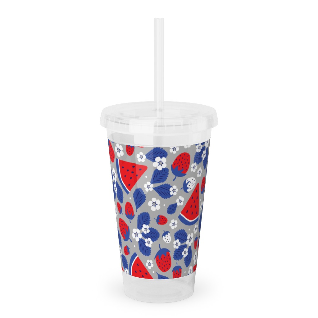 Summer Strawberries and Melons - Red, White and Blue Acrylic Tumbler with Straw, 16oz, Multicolor
