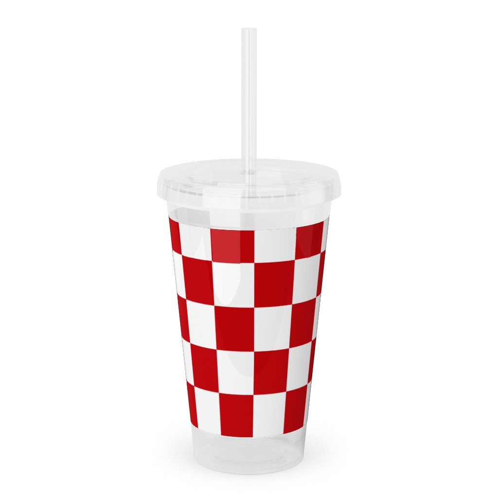 Checkerboard - Red and White Acrylic Tumbler with Straw, 16oz, Red
