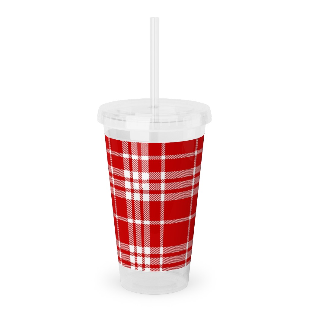 Tartan Check Acrylic Tumbler with Straw, 16oz, Red