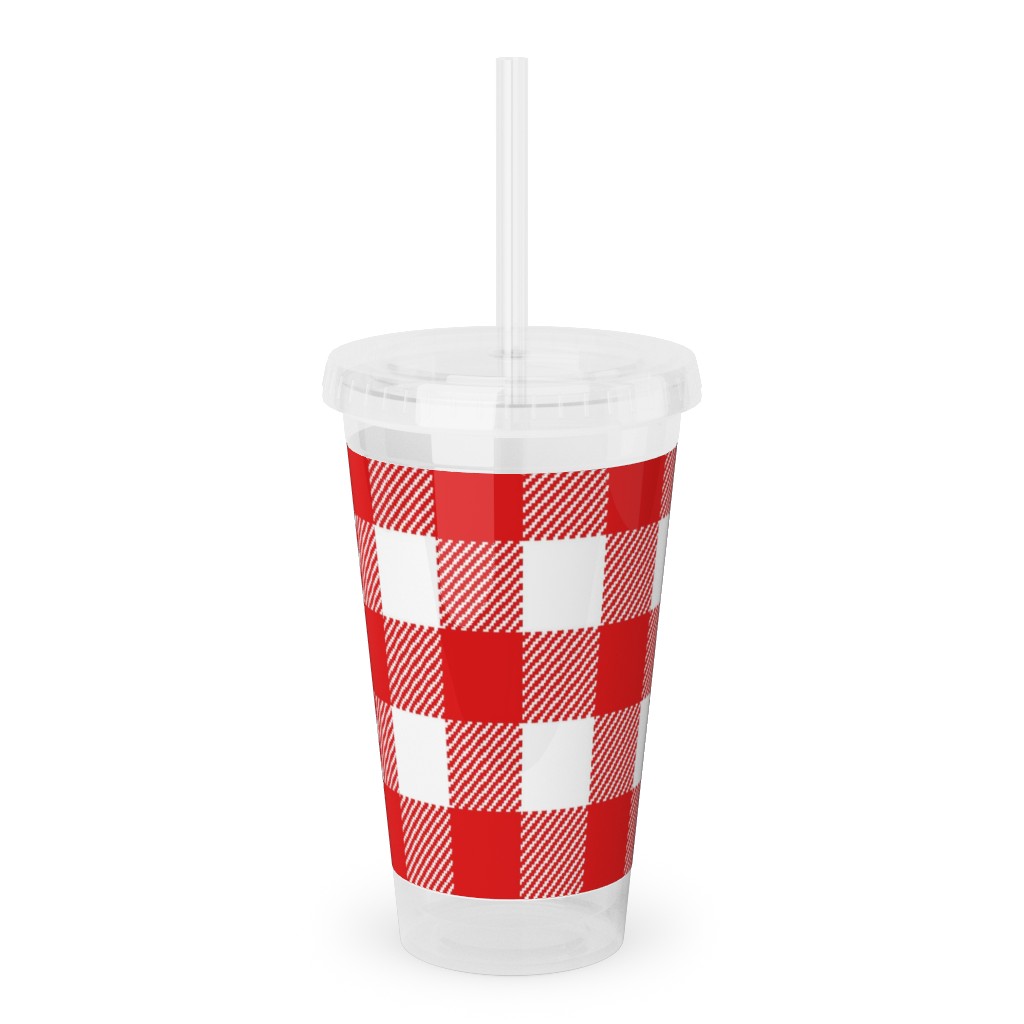 Buffalo Plaid Acrylic Tumbler with Straw, 16oz, Red