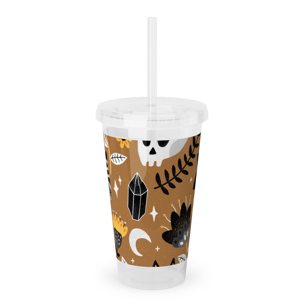 Black Cat & Floral Skull Acrylic Tumbler with Straw, 16oz, Brown