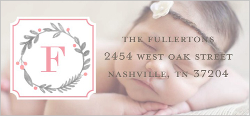 Wreath Monogram Girl Address Label, Pink, Matte, Carnation