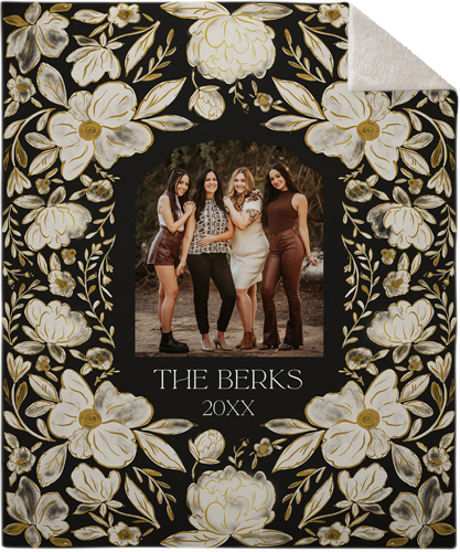 Dark Floral Frame Fleece Photo Blanket, Sherpa, 50x60, Black, black