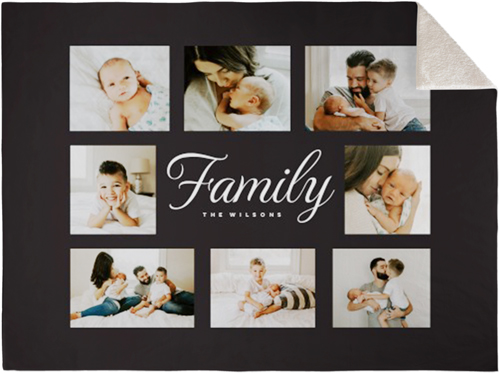 Classic Family Script Collage Fleece Photo Blanket, Sherpa, 60x80, Gray, charcoal