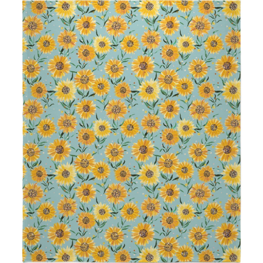 Watercolor Sunflowers - Yellow on Blue Blanket, Fleece, 50x60, Yellow