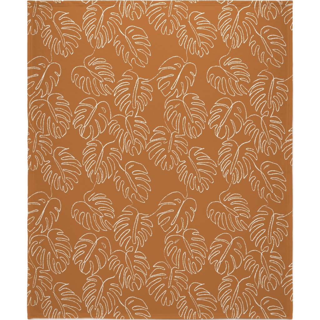 Monstera Line Art - Burnt Orange Blanket, Fleece, 50x60, Orange
