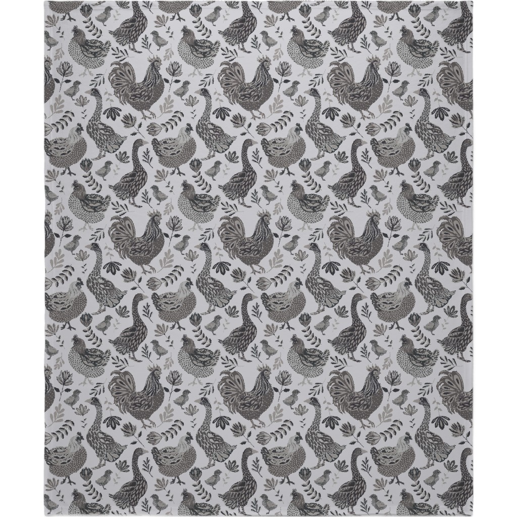 French Farm Birds - Greyscale Blanket, Fleece, 50x60, Gray, Gray