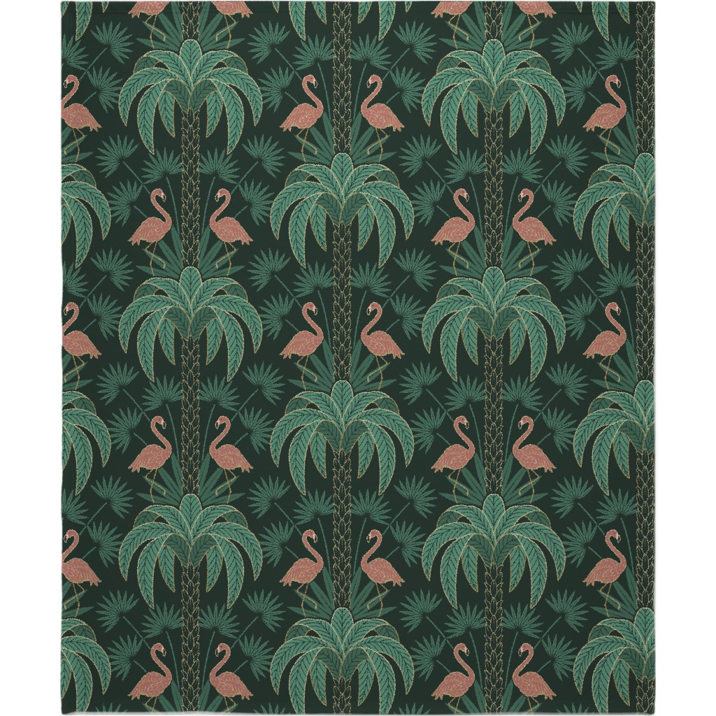 Art Deco Palm Trees and Flamingos Damask - Green and Pink Blanket, Fleece, 50x60, Green
