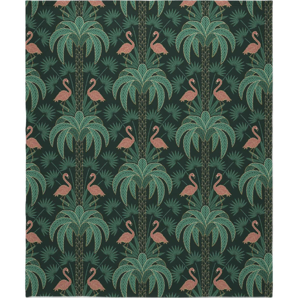 Art Deco Palm Trees and Flamingos Damask - Green and Pink Blanket, Fleece, 50x60, Green, Classic Green