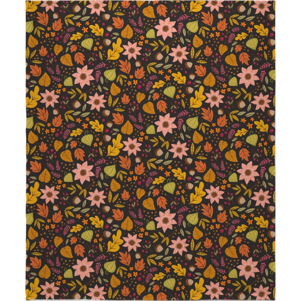 Autumn Fall Floral - Dark Blanket, Fleece, 50x60, Multicolor
