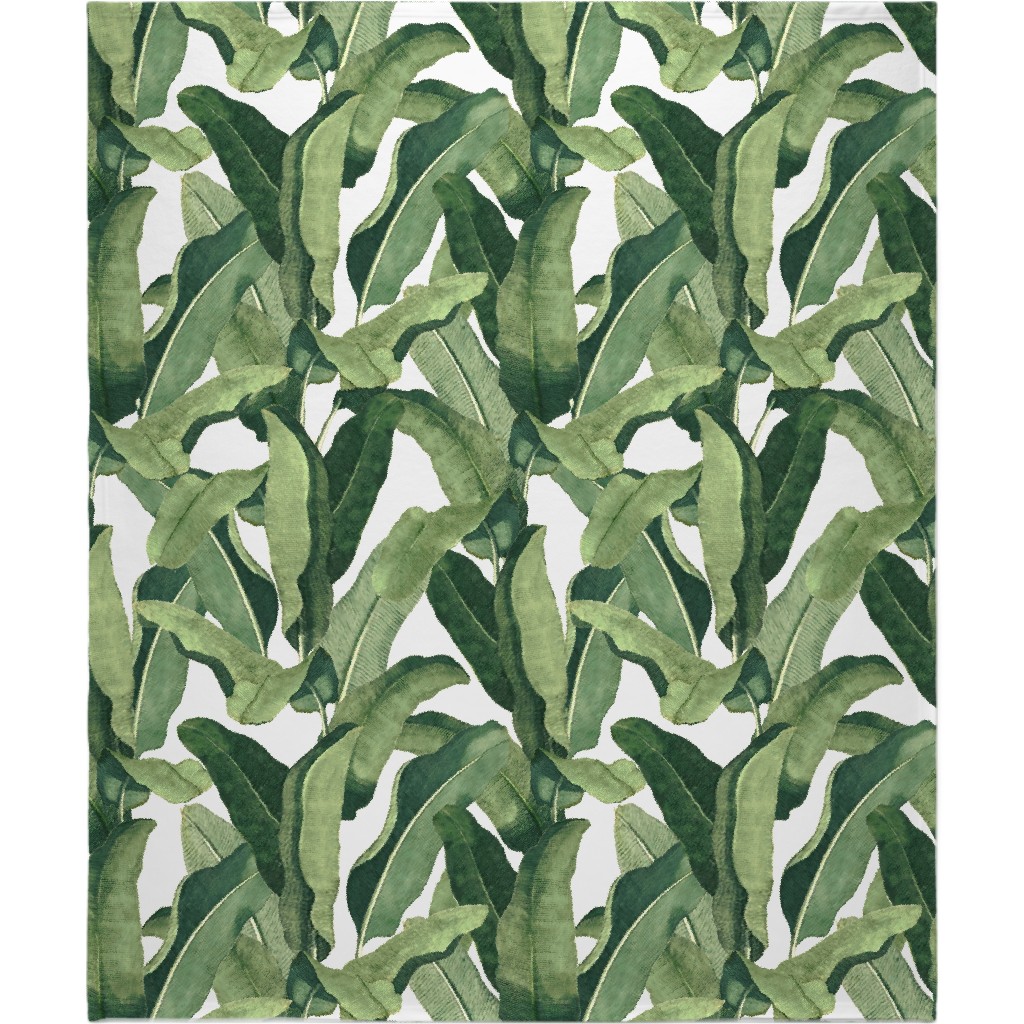 Tropical Leaves - Greens on White Blanket, Fleece, 50x60, Green, Classic Green