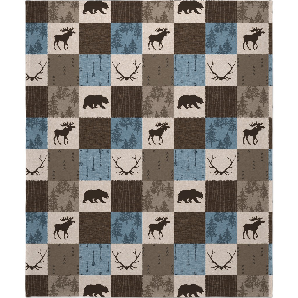 Rustic Woodlands - Blue, Brown and Cream Blanket, Fleece, 50x60, Brown, Brown