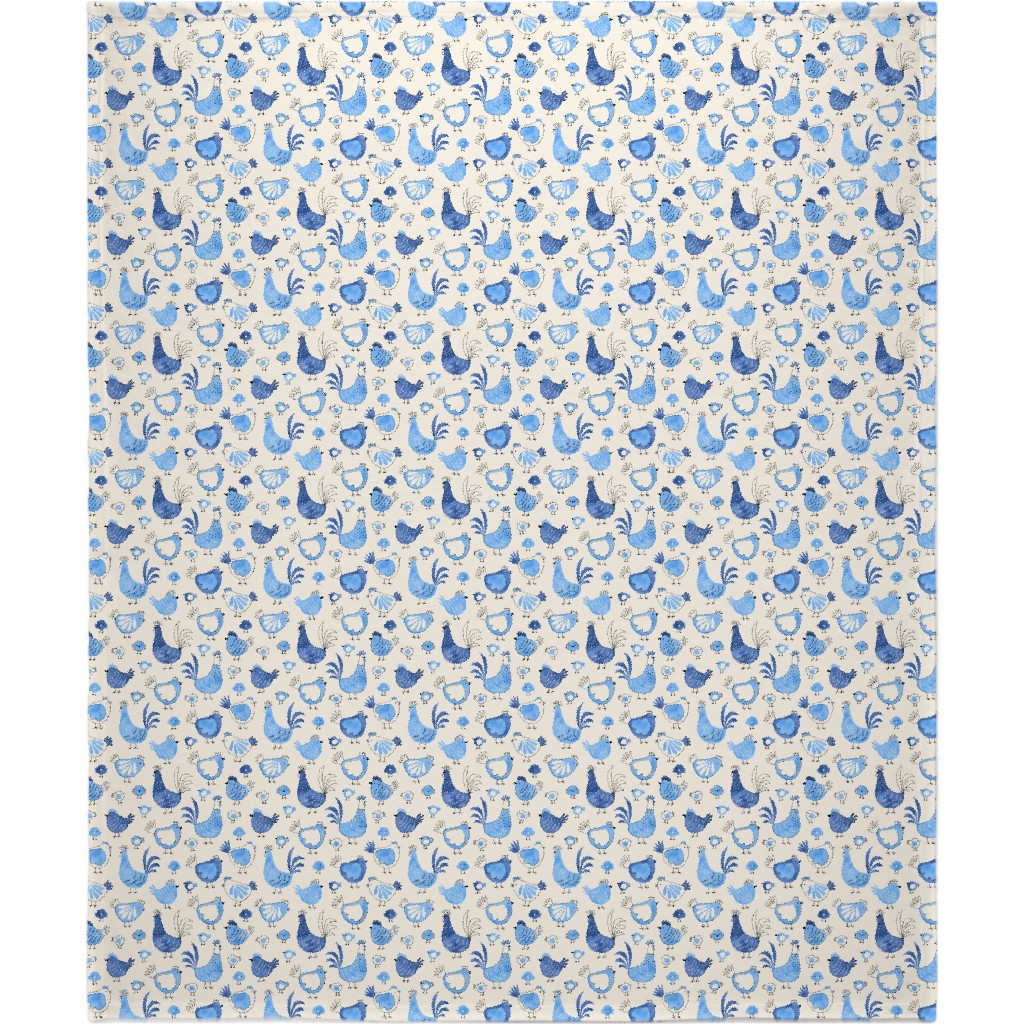Chicken and Rooster - Watercolor - Blue on Creme Blanket, Fleece, 50x60, Blue, True Blue