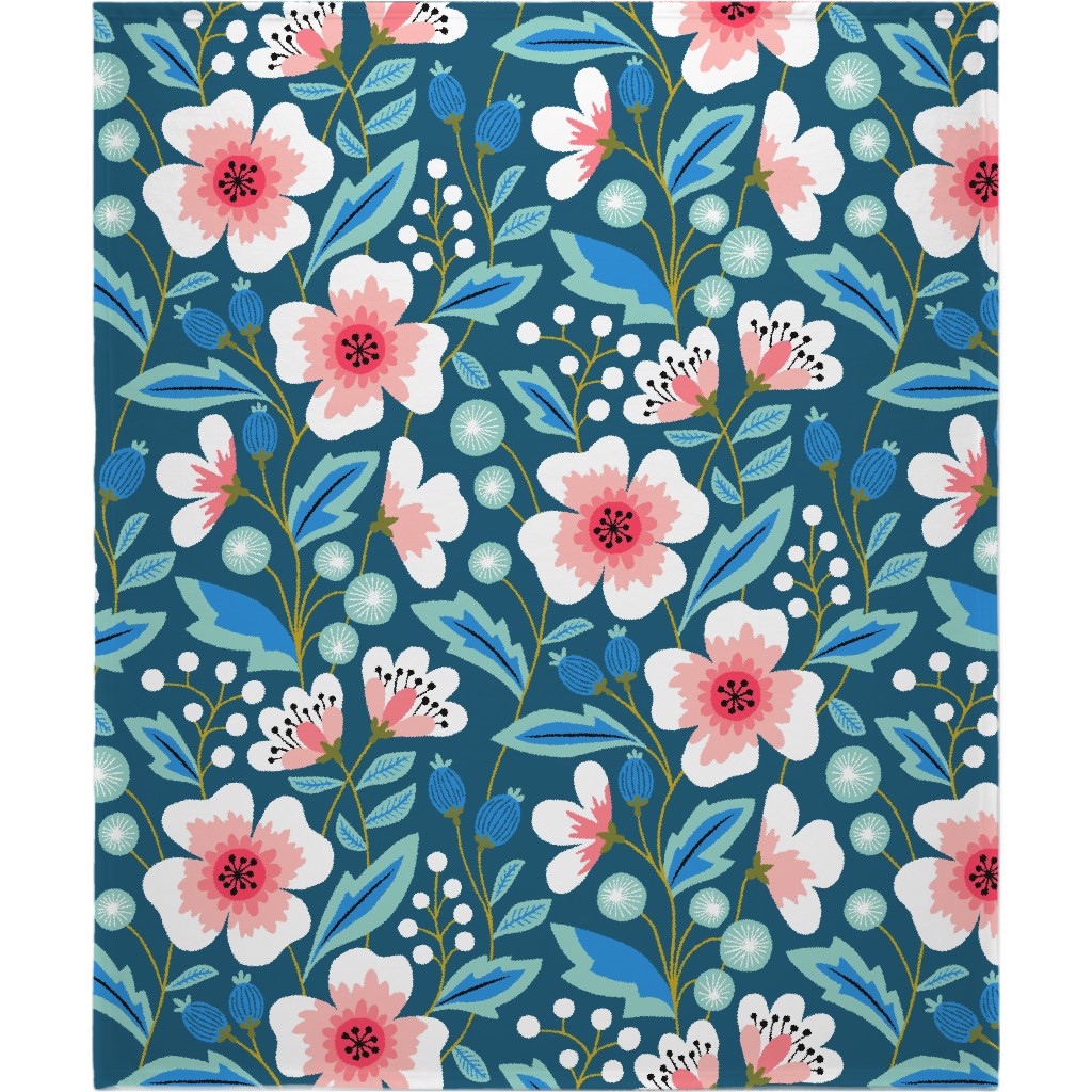 Colorful Spring Flowers - Pink on Blue Blanket, Fleece, 50x60, Green