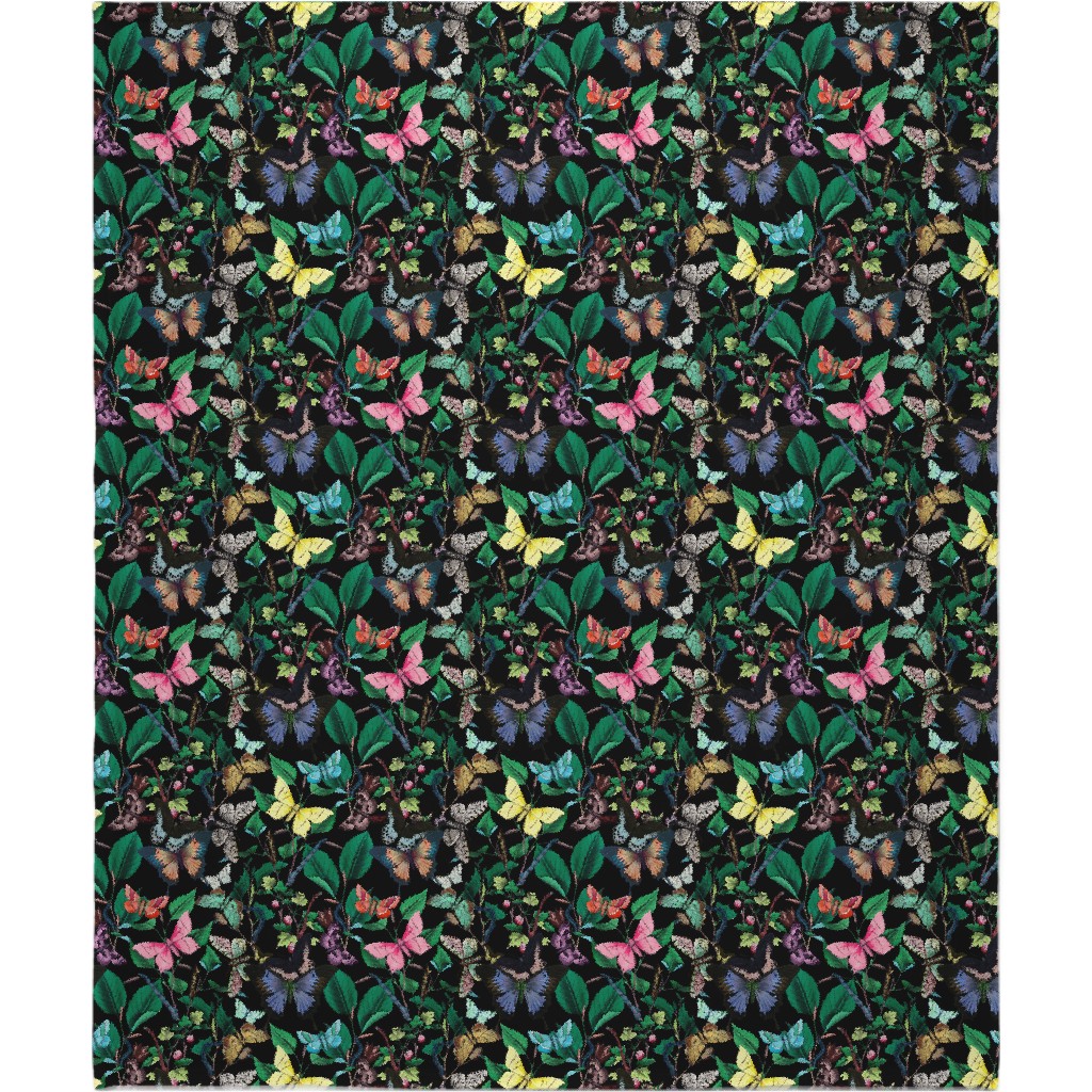 Butterfly Sanctuary - Multi on Black Blanket, Fleece, 50x60, Multicolor