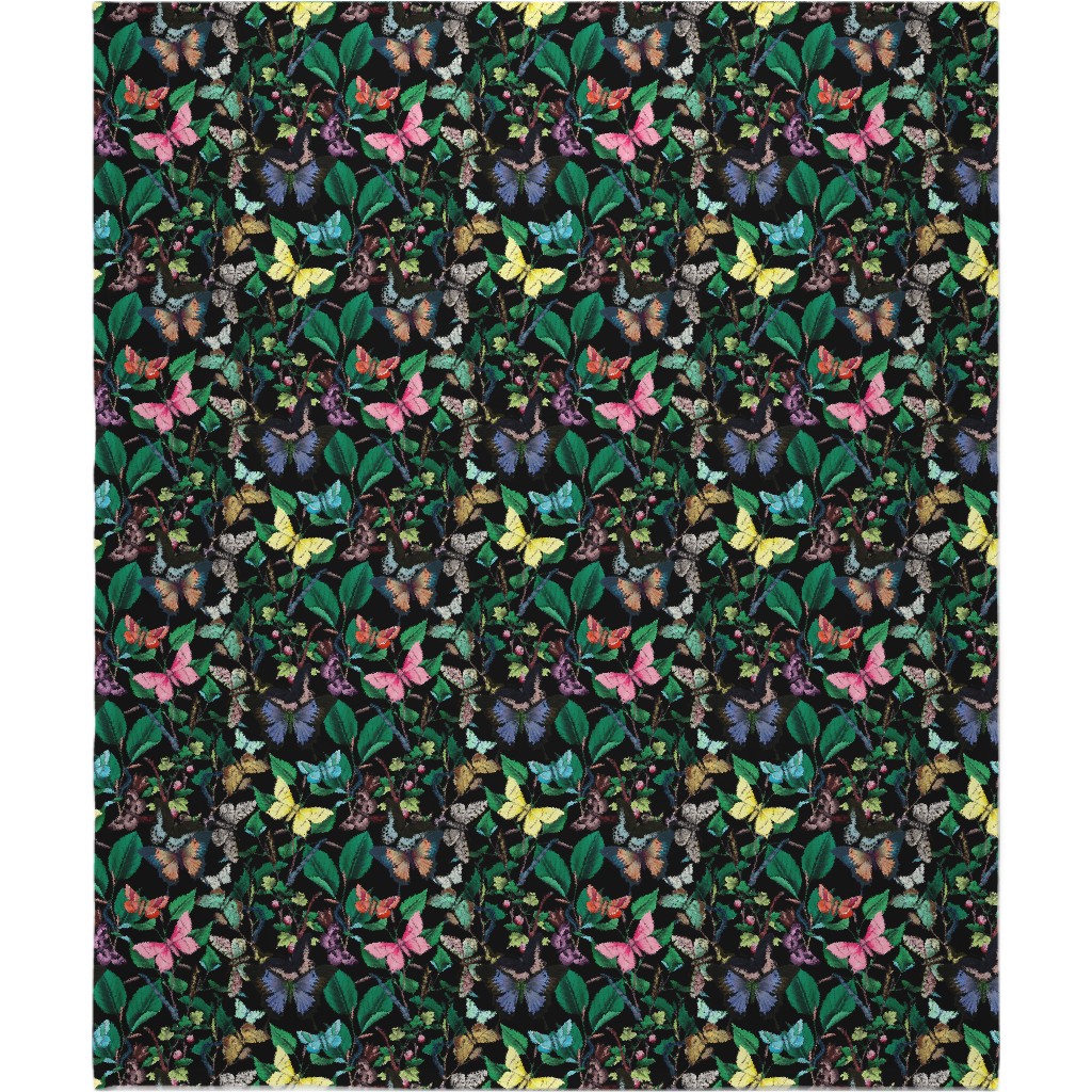 Butterfly Sanctuary - Multi on Black Blanket, Fleece, 50x60, Multicolor