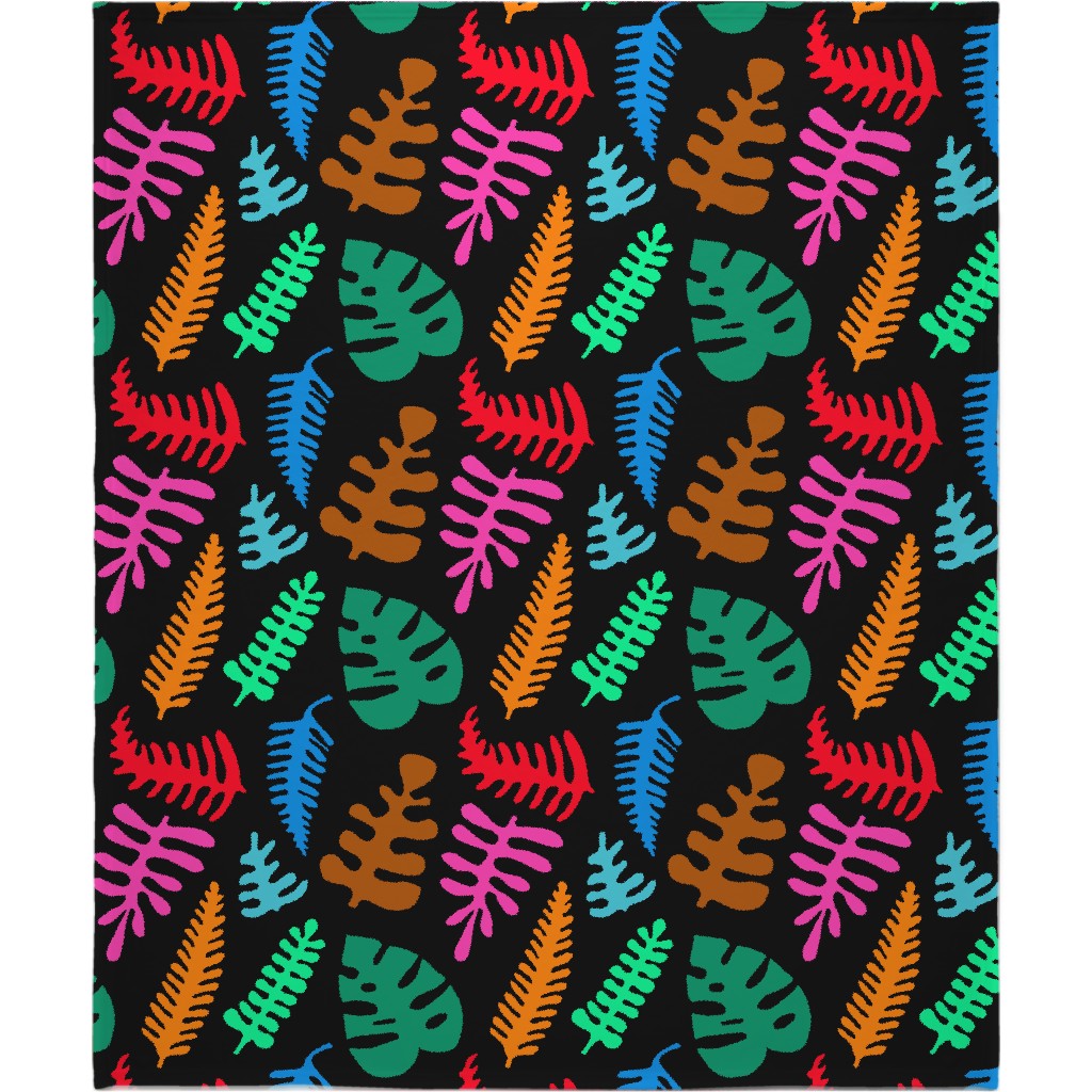 Mod Minimalist Leaves - Multi on Black Blanket, Fleece, 50x60, Multicolor