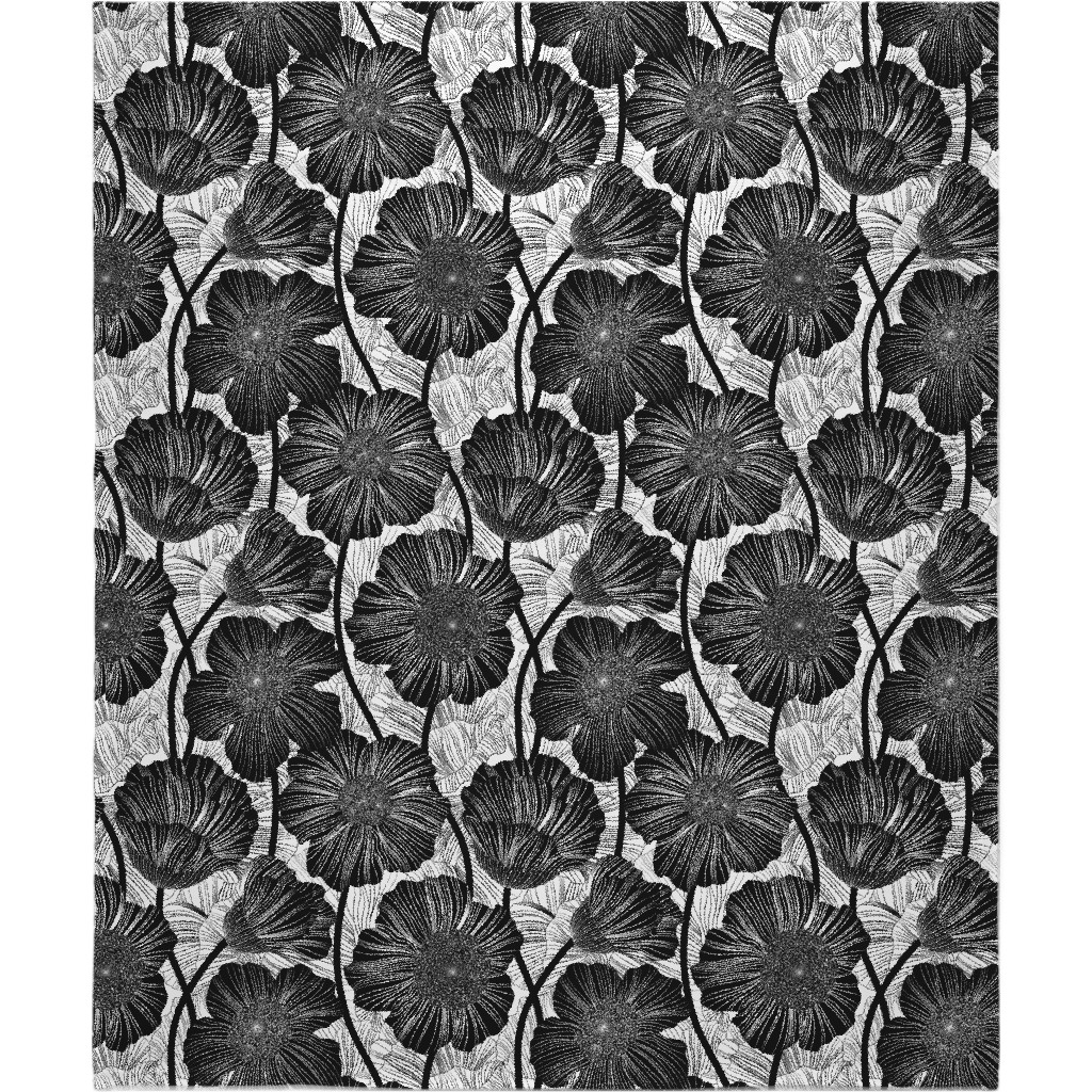 Mid Century Modern Floral - Black and White Blanket, Fleece, 50x60, Black