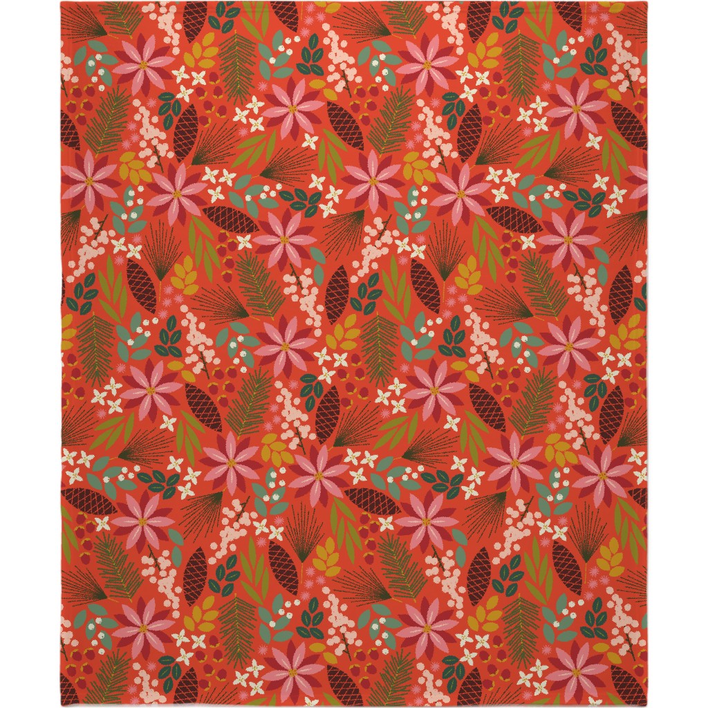 Pinecones and Berries - Red Blanket, Fleece, 50x60, Red, Red