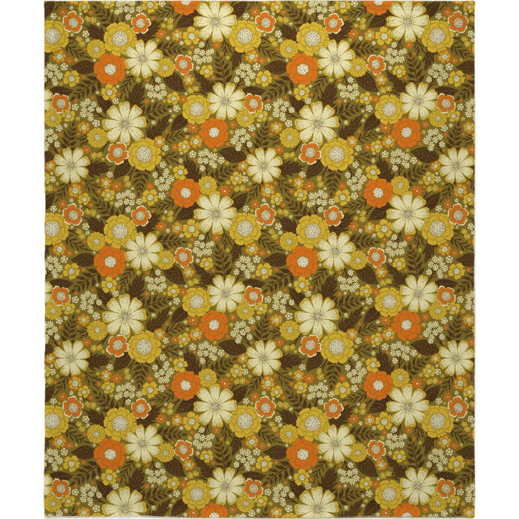 1970s Retro/Vintage Floral - Yellow and Brown Blanket, Fleece, 50x60, Yellow