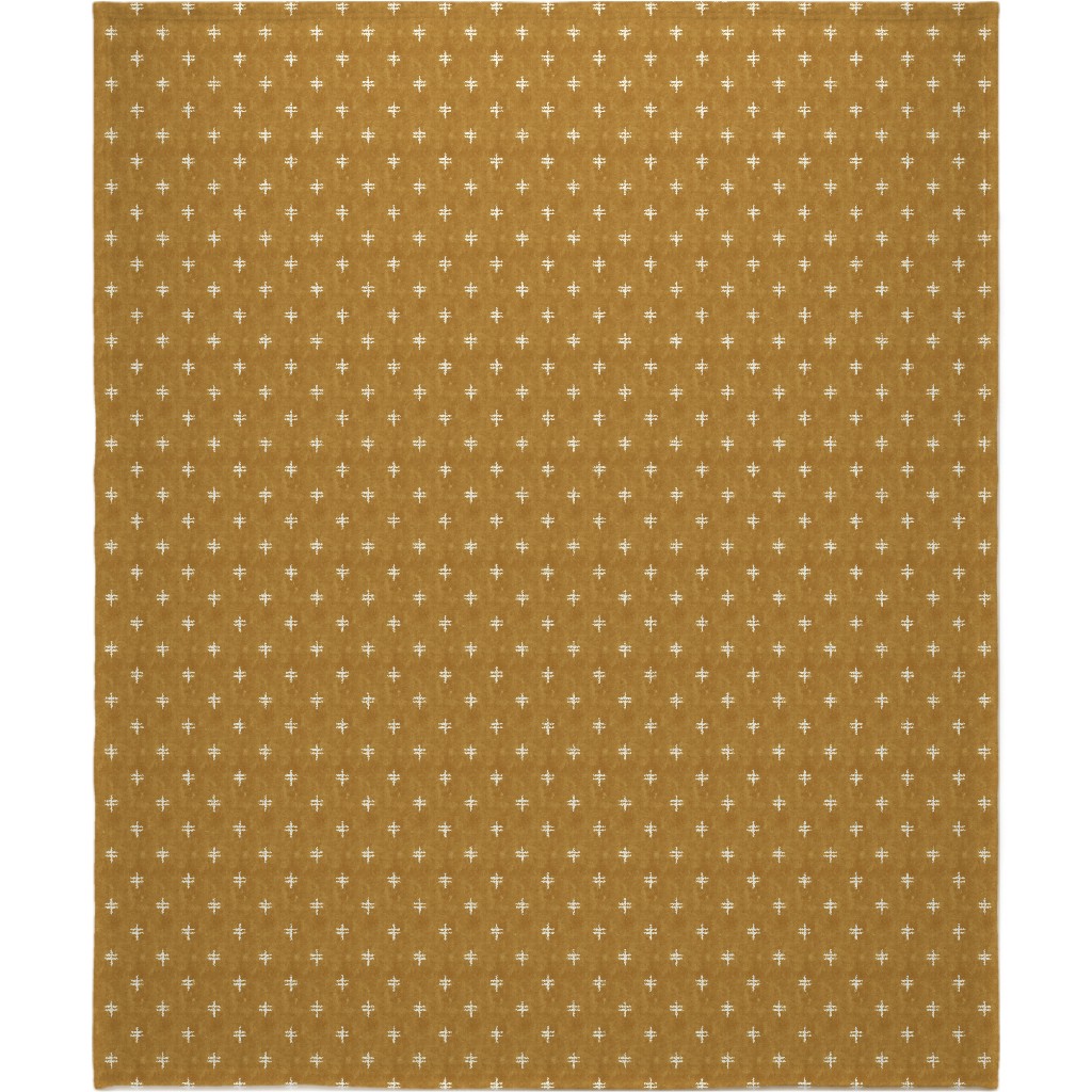 Double Cross Mudcloth Tribal - Mustard Yellow Blanket, Plush Fleece, 50x60, Brown