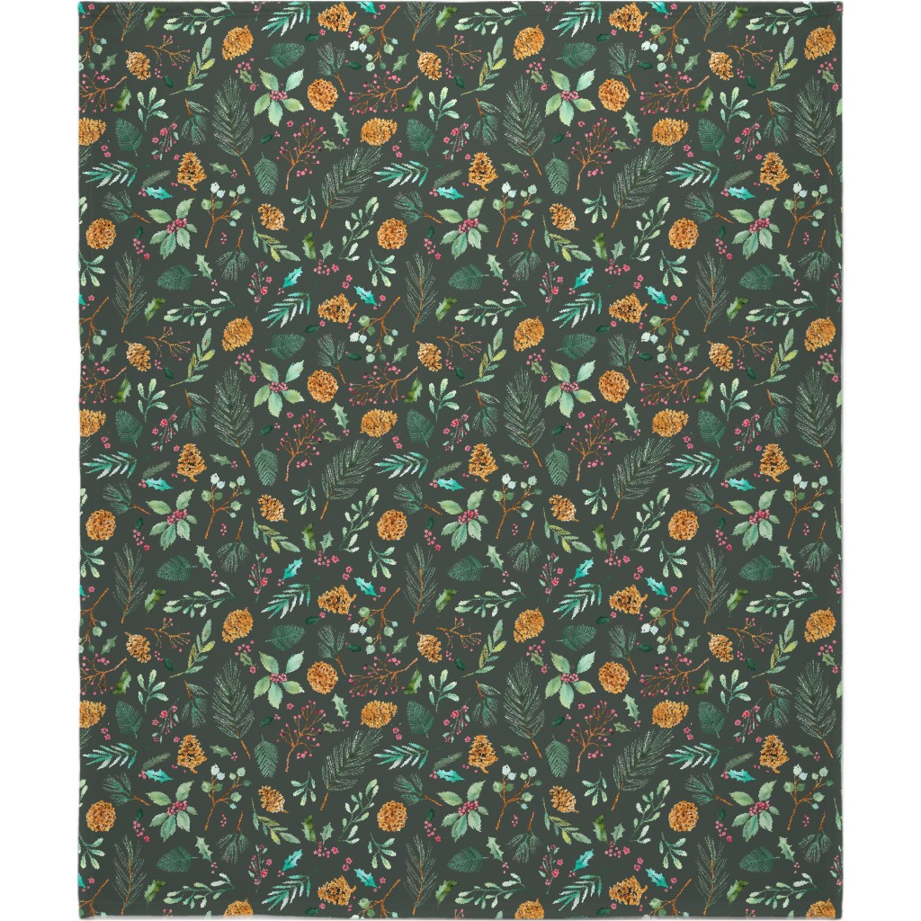 Christmas Holiday Botanical on Dark Green Blanket, Plush Fleece, 50x60, Blue, True Blue