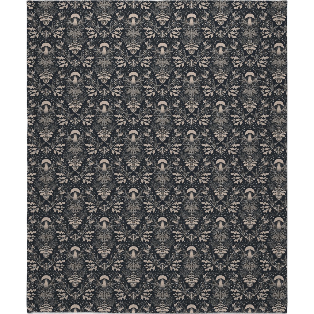 Mushroom Forest Damask - Dark Blanket, Plush Fleece, 50x60, Black