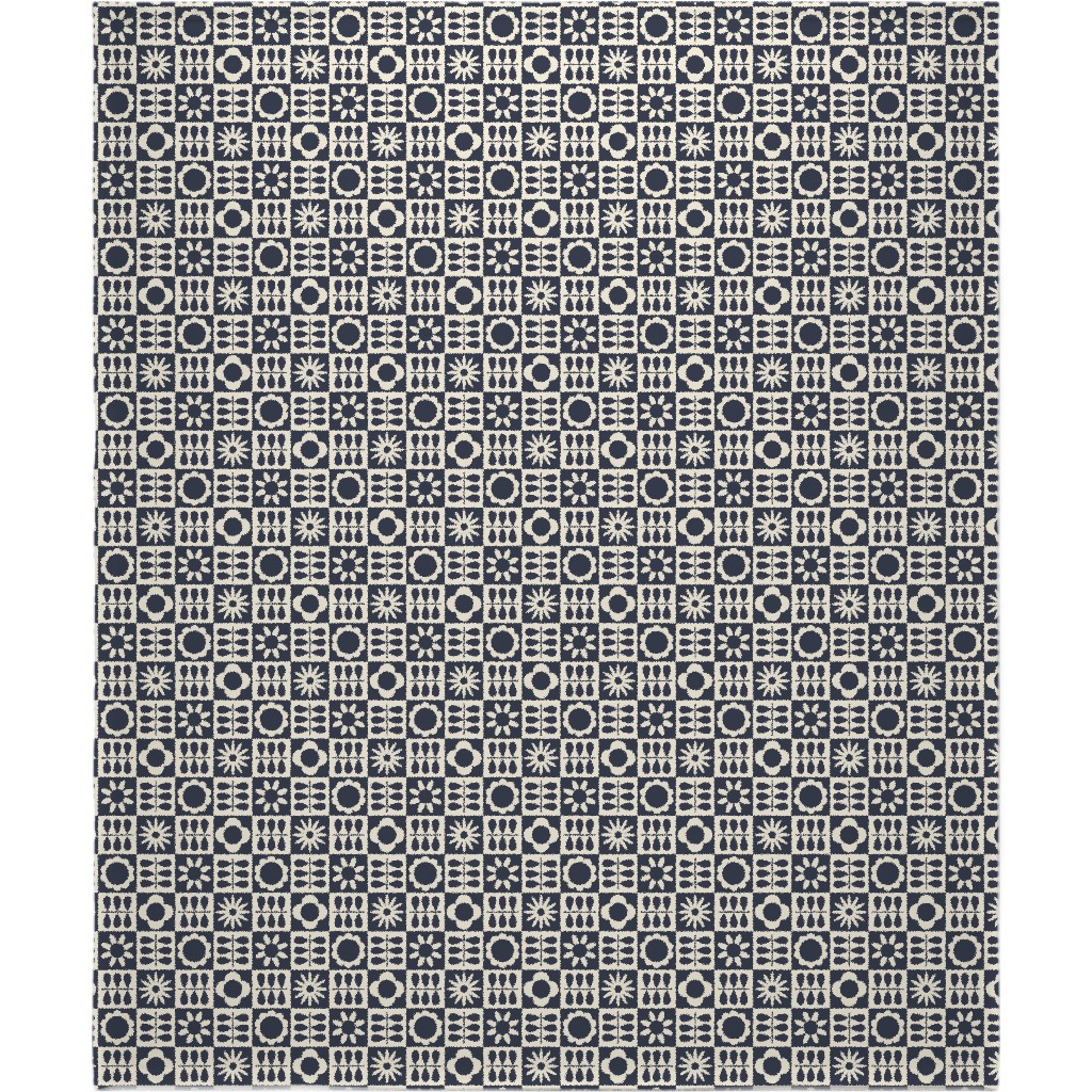 Scandinavian Checker Blooms - Off White and Navy Blanket, Plush Fleece, 50x60, Black, Black
