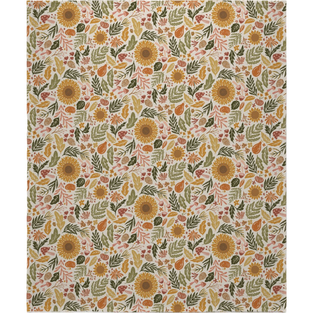 Autumn Botanicals - Leaves, Acorns, Sunflowers, Ferns, Mums, Pinecones, Mushrooms - Light Blanket, Plush Fleece, 50x60, Multicolor